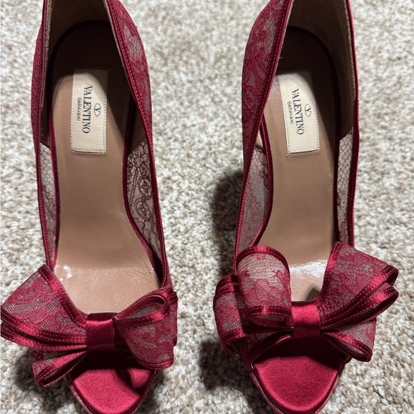 Valentino Shoes - Valentino Crimson Lace Bow Heels